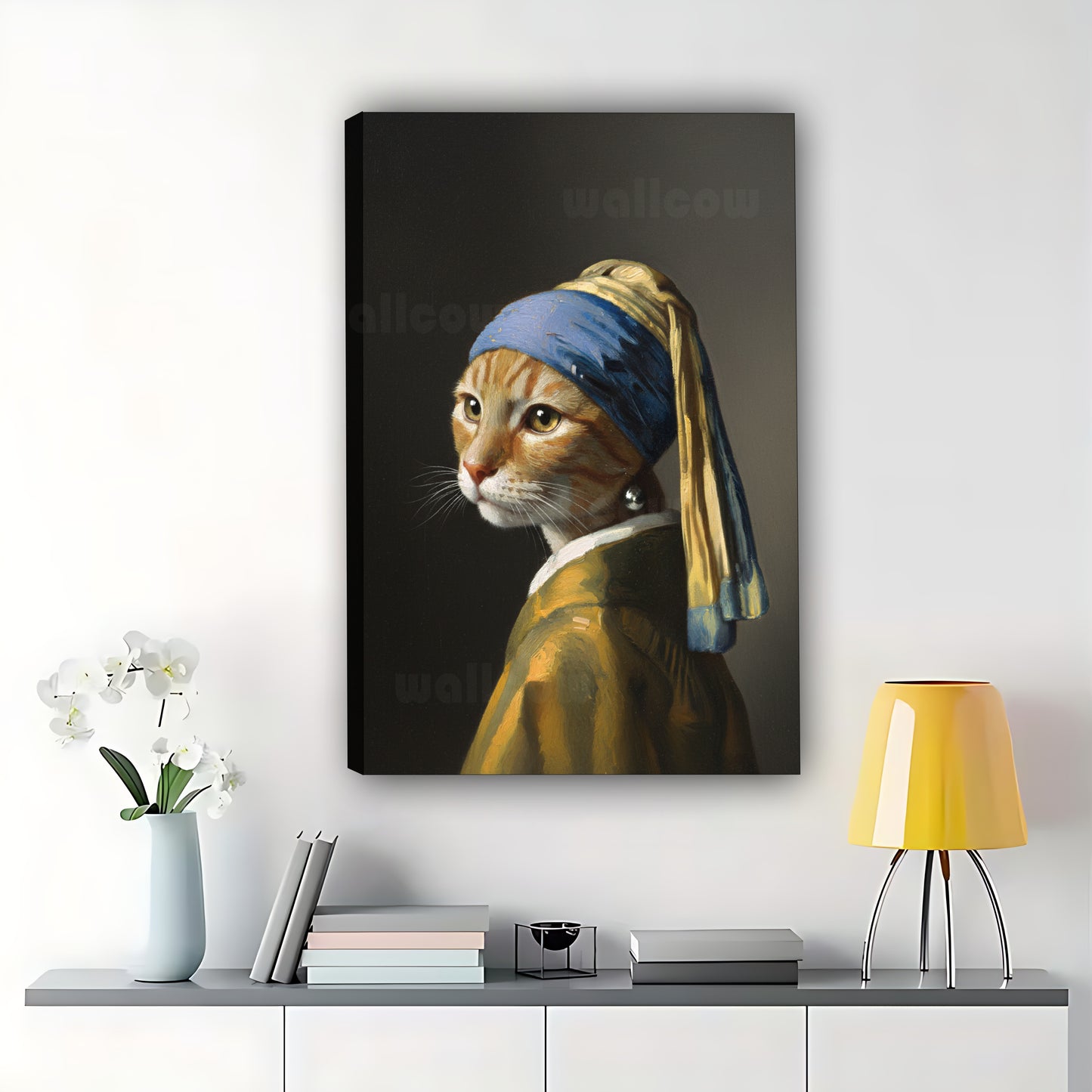 The Cat With The Pearl Earring – Classic Art Reimagined Wall Art on Natural Wood Canvas | W629