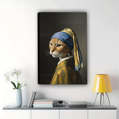 The Cat With The Pearl Earring – Classic Art Reimagined Wall Art on Natural Wood Canvas | W629