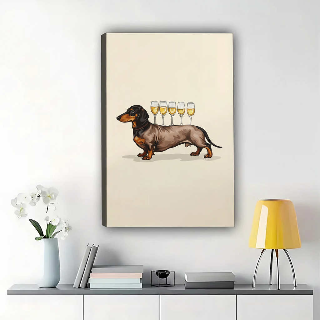 The Wine-Glass-Toting Dachshund – Playful Luxe Wall Art on Natural Wood Canvas | W616