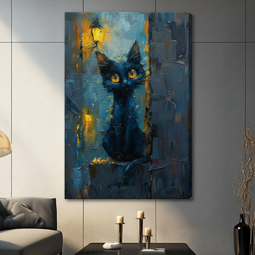 Impressionist Black Cat Night Canvas Art w6606
