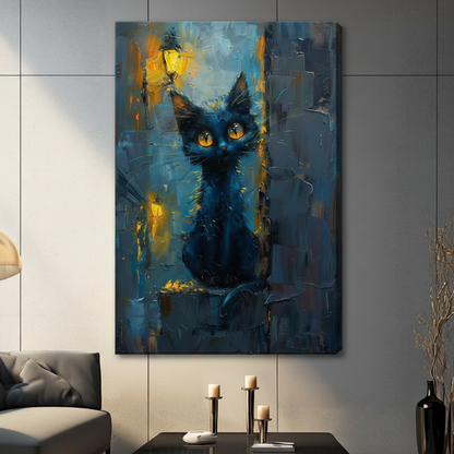 Impressionist Black Cat Night Canvas Art w6606