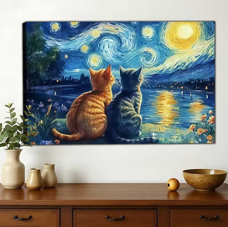 The Starry Night Duo Cats – Van Gogh-Inspired Artistic Wall Art on Natural Wood Canvas | W627