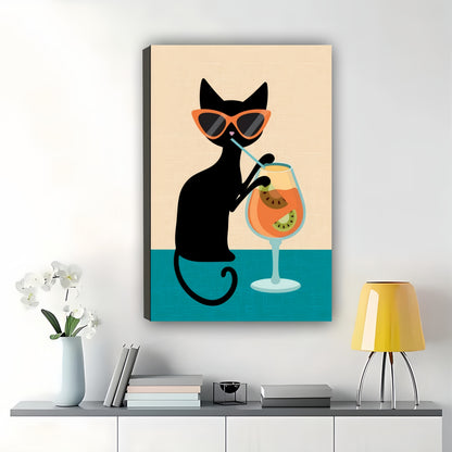 Tropical Cat Cocktail – Stylish Black Cat Wall Art on Natural Wood Canvas | W2008