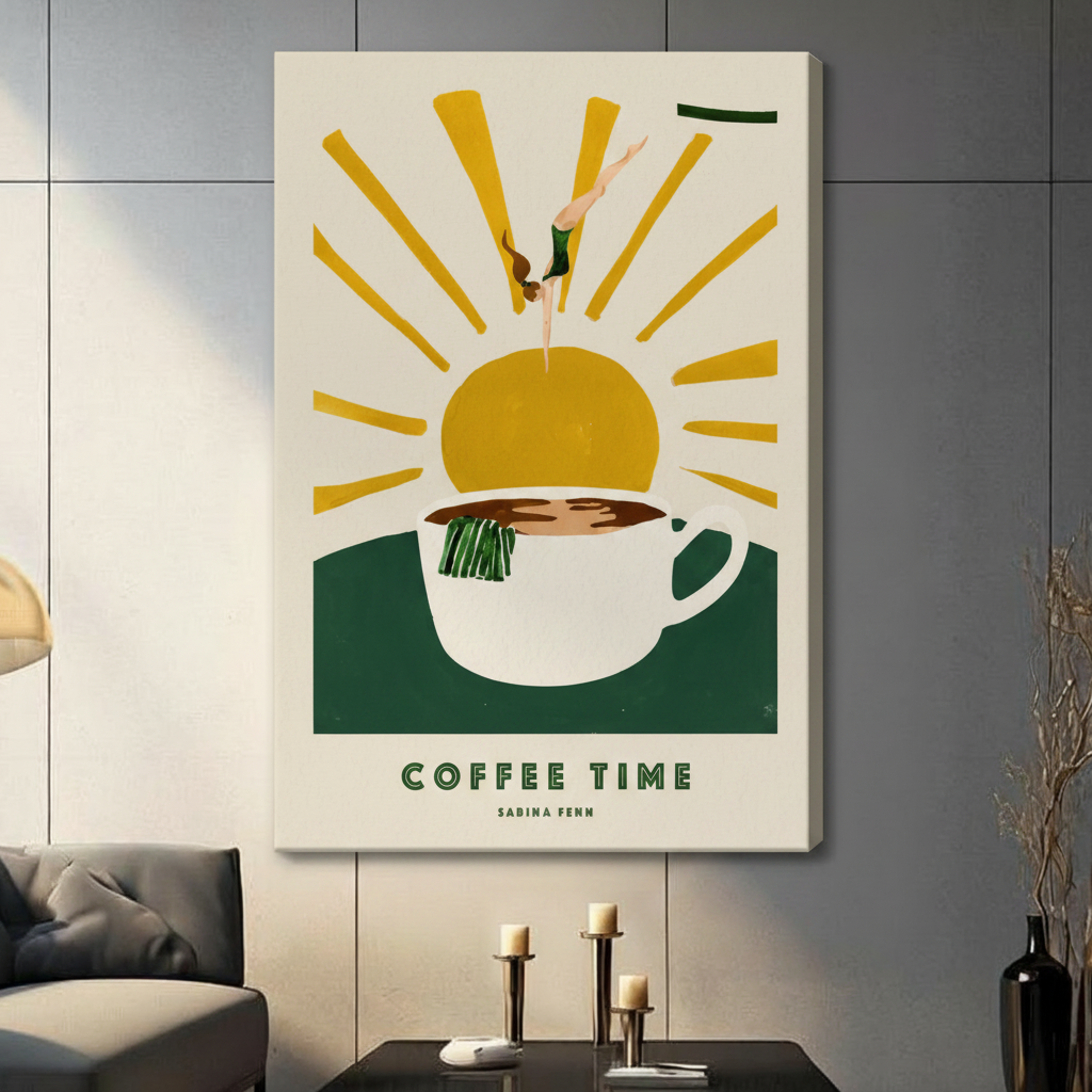 Sabina Fenn Coffee Time framed canvas print – vibrant retro wall art for American home decor