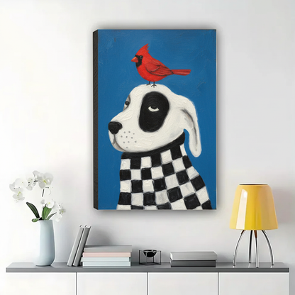 Dalmatian Dog & Red Bird Wall Art – Whimsical Pop Art Canvas Print on Natural Wood Frame | W2120