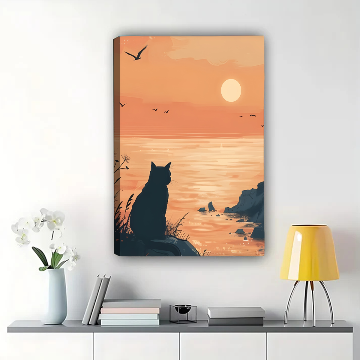 Cat Watching Ocean Sunset Wall Art - Peaceful Seascape Print|W1314