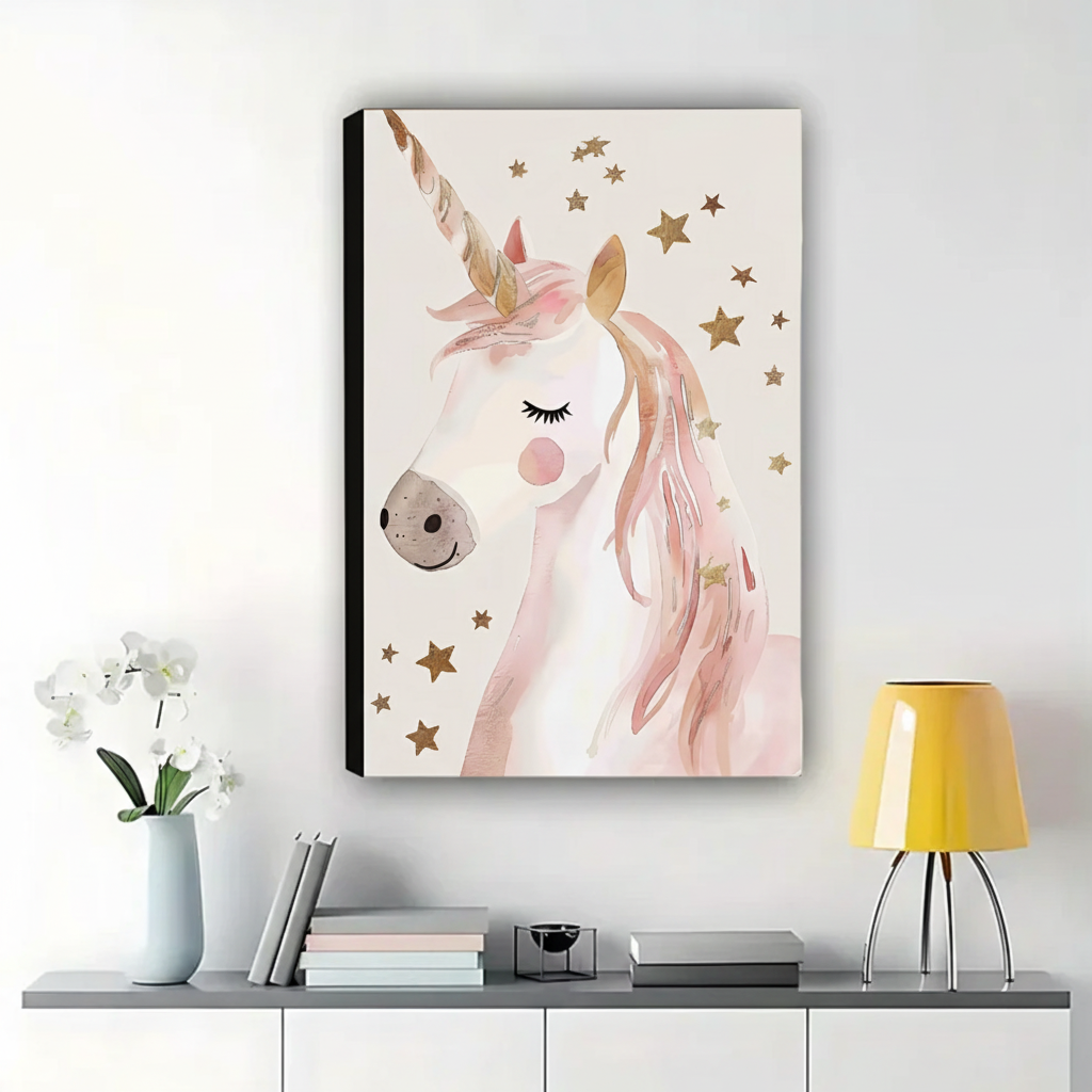 Dreamy Pink Unicorn Wall Art – Whimsical Watercolor Canvas Print on Natural Wood Frame | W2117