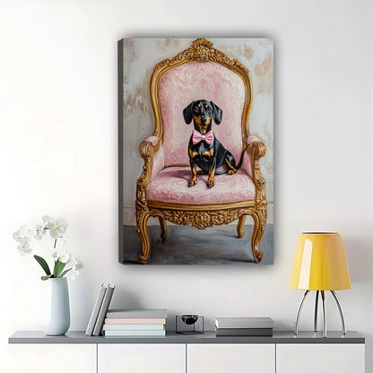 Dachshund on Vintage Pink Armchair – Luxe Cute Pet Wall Art on Natural Wood Canvas | W713