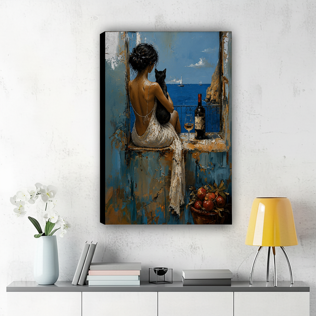 Woman with Black Cat on a Mediterranean Balcony Wall Art – Luxury Impasto Oil Painting Canvas Print on Natural Wood Frame | W2236