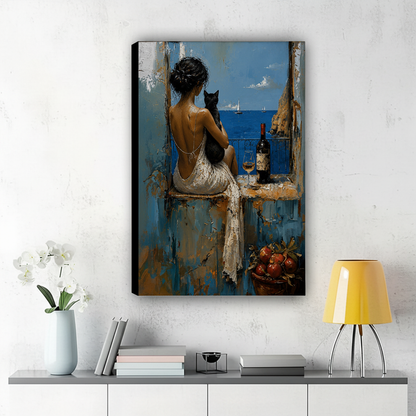 Woman with Black Cat on a Mediterranean Balcony Wall Art – Luxury Impasto Oil Painting Canvas Print on Natural Wood Frame | W2236