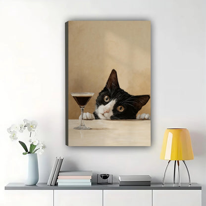 Tuxedo Cat with Martini – Peeking Cat Bar Wall Art on Natural Wood Canvas | W2071