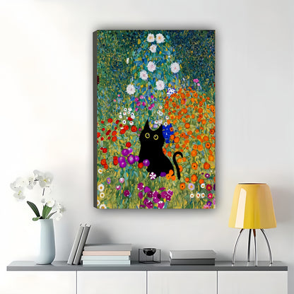 Black Cat in Flower Field – Klimt-Inspired Vintage Wall Art on Natural Wood Canvas | W874