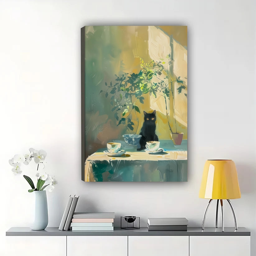 Tabletop Black Cat – Impressionist Still Life Cat Wall Art on Natural Wood Canvas | W2015