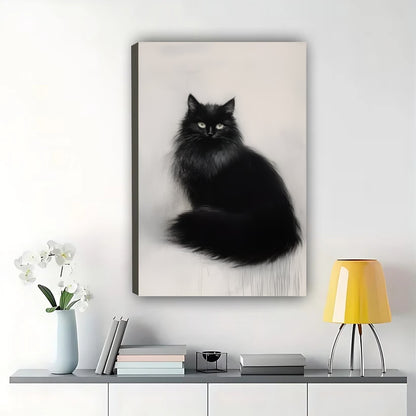Black Cat on Wooden Table – Realistic Still Life Wall Art on Natural Wood Canvas | W802