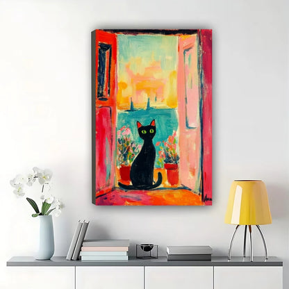 Vibrant Black Cat Balcony Sea View Wall Art – Colorful Fauvist Style Framed Canvas | W2303