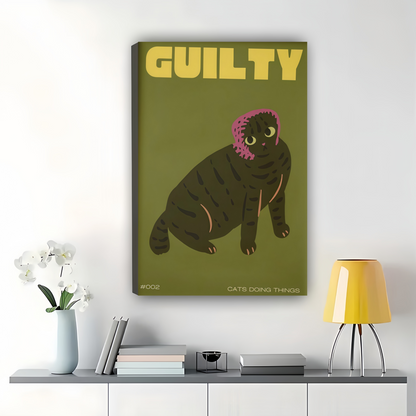 Guilty Cat – Funny Retro Pet Illustration Wall Art on Natural Wood Canvas | W993