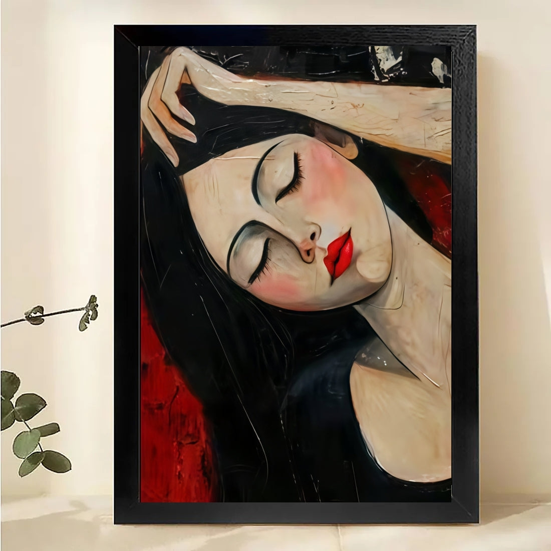 Modern Woman Portrait Canvas | Modigliani Style Wall Art|Red Lips Black Hair Print | W1030