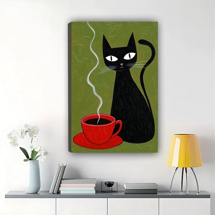 he Black Cat  Red Coffee Cup – Minimalist Cozy Wall Art on Natural Wood Canvas | W670