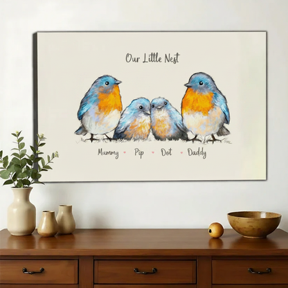 Our Little Nest Robin Family Wall Art – Heartwarming Watercolour Bird Canvas Print on Natural Wood Frame | W2290