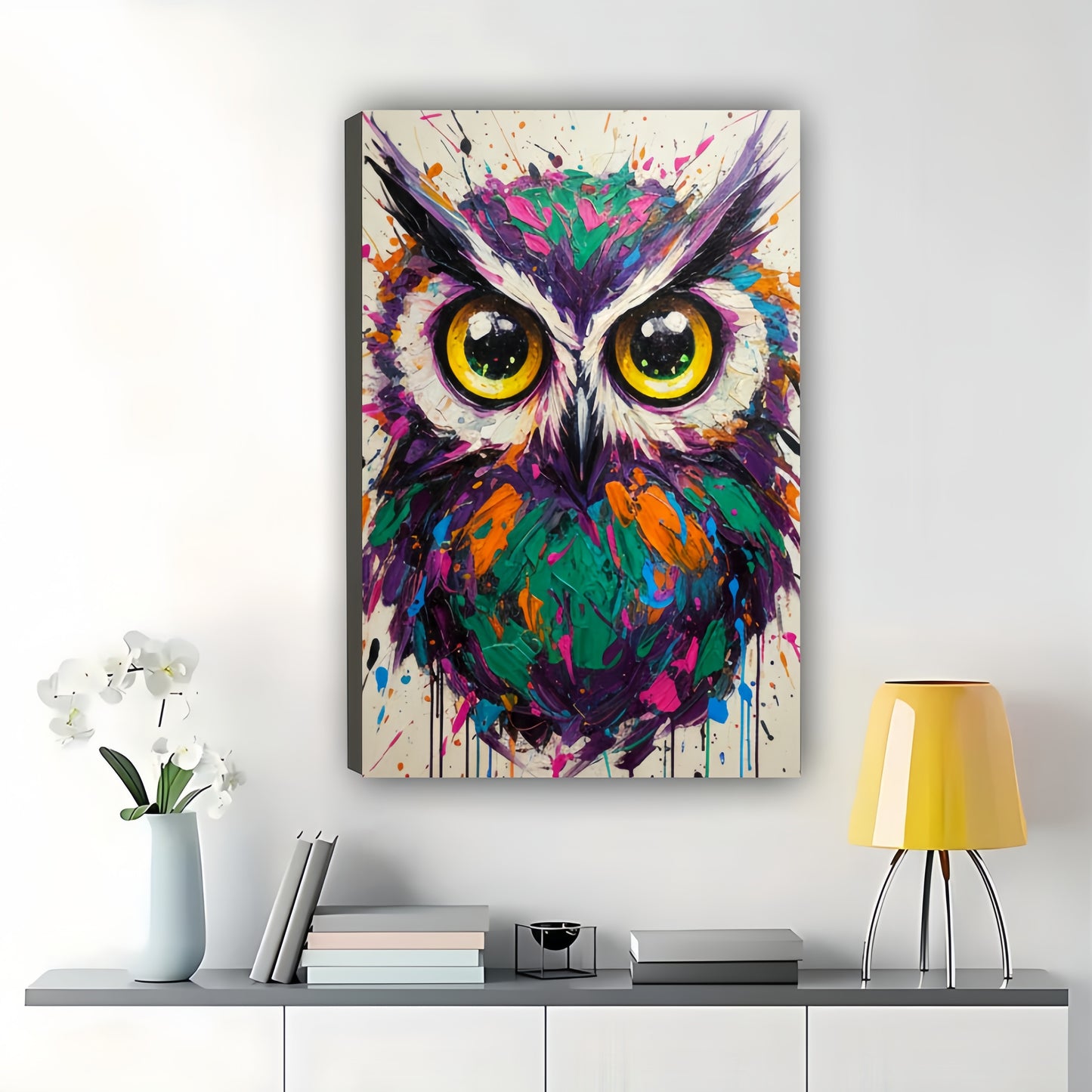 The Abstract Colorful Owl – Pop Art Modern Wall Art on Natural Wood Canvas | W651