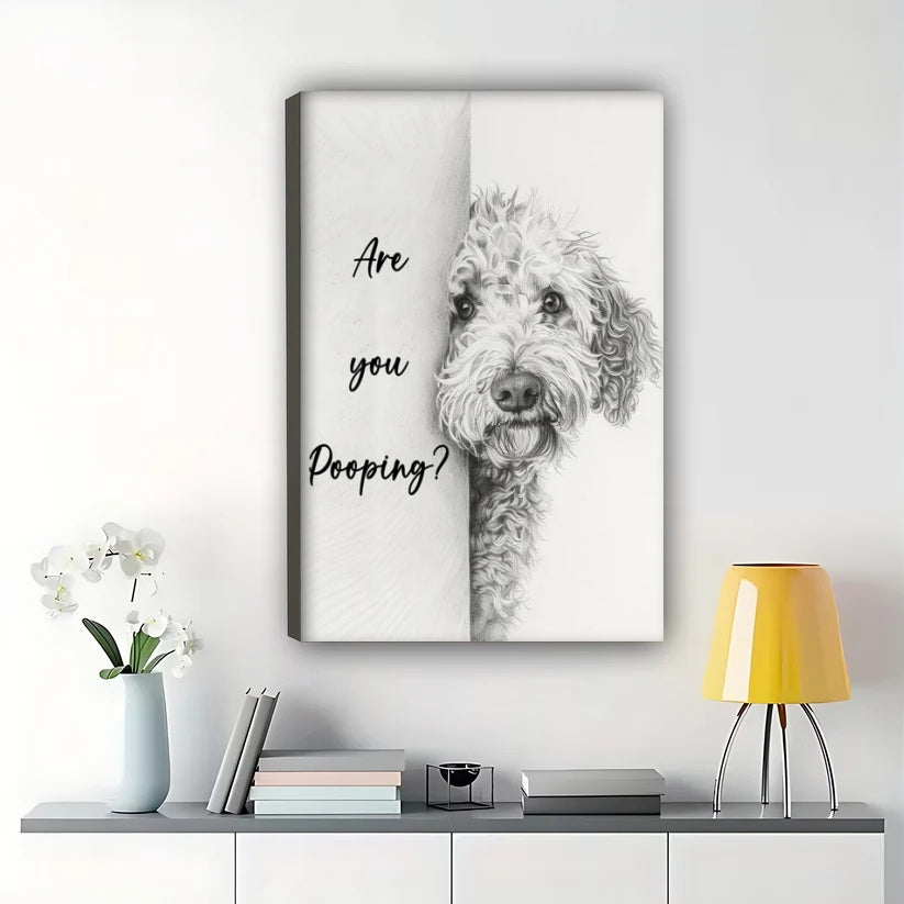Are you pooping?Curious Dog – Minimalist Bathroom Wall Art on Natural Wood Canvas | W853