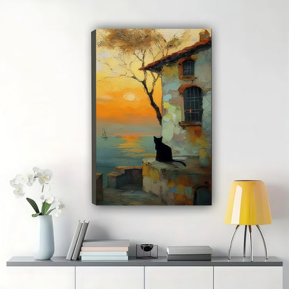 Black Cat on Coastal Town Sunset – Vintage Whimsical Wall Art on Natural Wood Canvas | W961