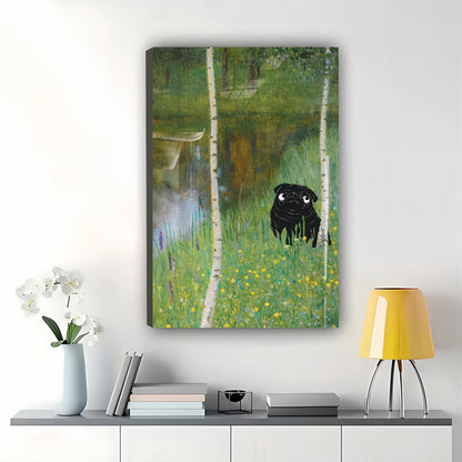 Black dog in Birch Forest Landscape – Artistic Nature Pet Wall Art on Natural Wood Canvas | W740