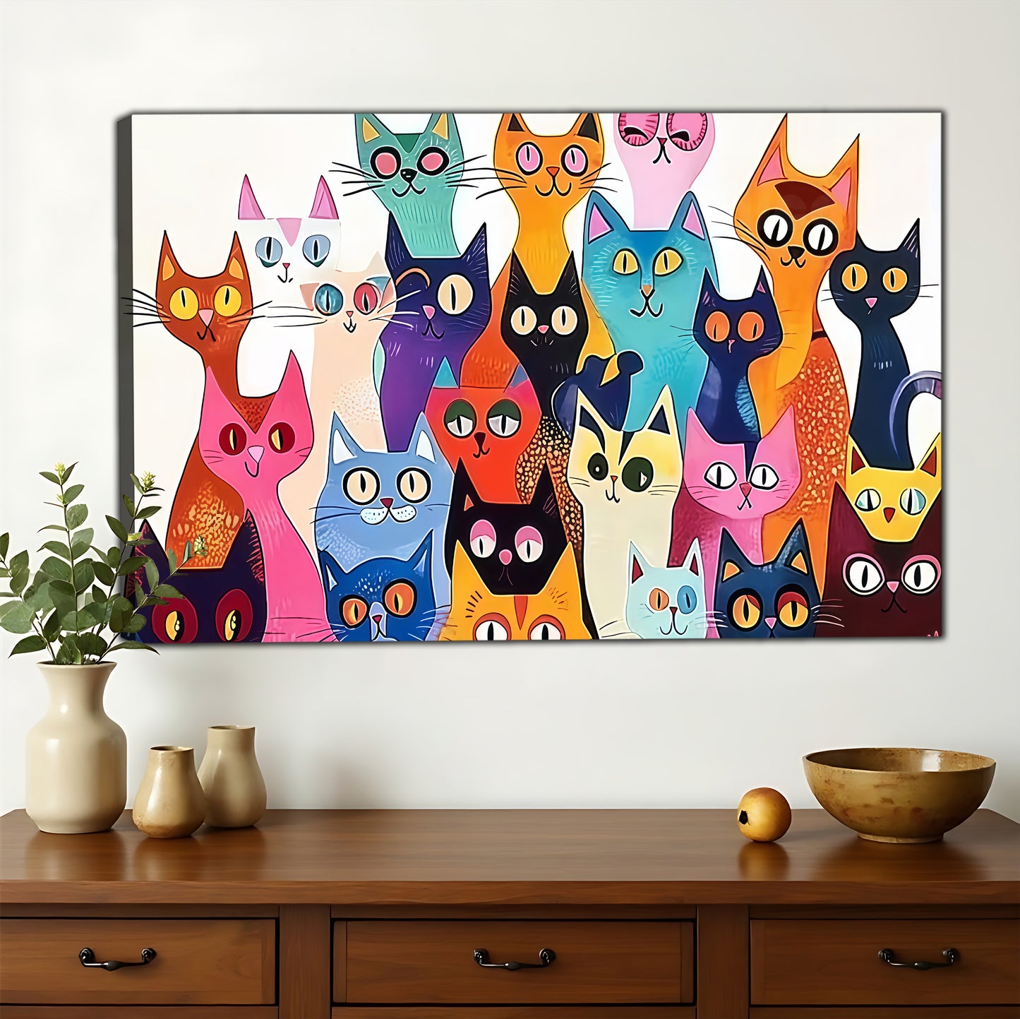 The Vibrant Stacked Cat Crew – Playful Pop Art Wall Art on Natural Wood Canvas | W644