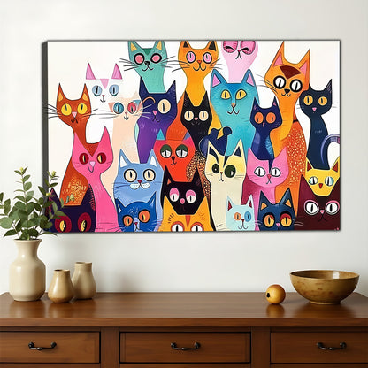 The Vibrant Stacked Cat Crew – Playful Pop Art Wall Art on Natural Wood Canvas | W644