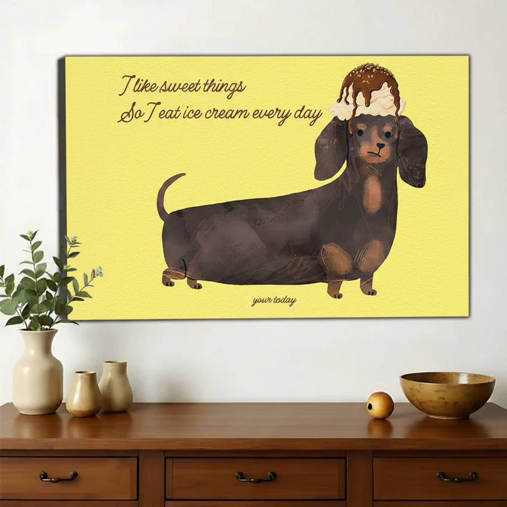 Ice Cream Dachshund Quote Wall Art – Funny Yellow Dog Canvas Print on Natural Wood Frame | W2180