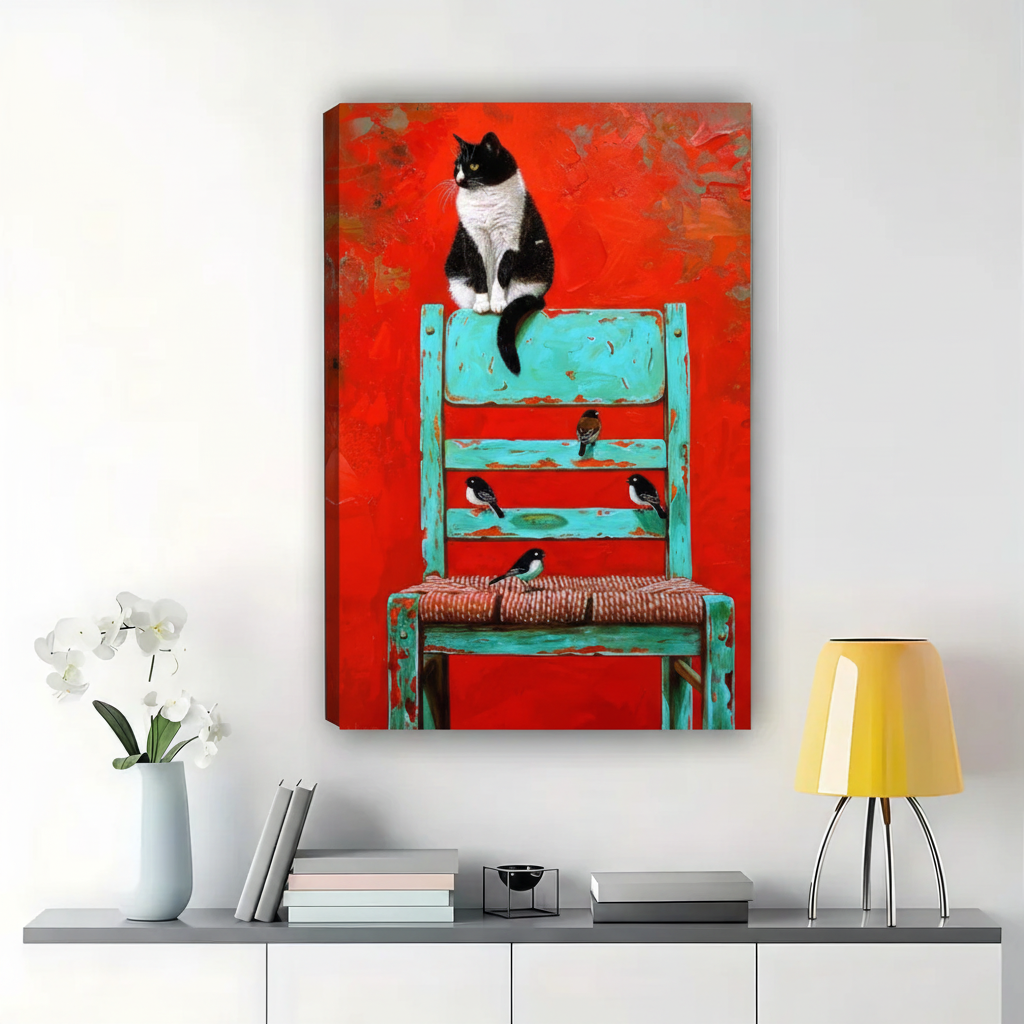 Tuxedo Cat on a Turquoise Chair Wall Art – Dramatic Oil Painting Canvas Print on Natural Wood Frame | W2297