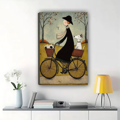 Woman Riding Bicycle with Dogs Wall Art – Whimsical Folk Art Style Canvas Print on Natural Wood Frame | W2238