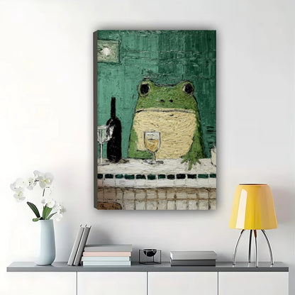 Vintage Frog at Bar Wall Art – Whimsical Frog with Wine Canvas Print on Natural Wood Frame | W2087