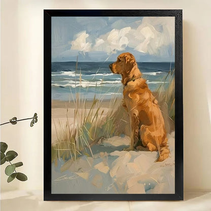Golden Retriever on Beach Canvas Wall Art - Coastal Dog Portrait Painting|W1064