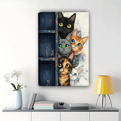 Curious Cats Peeking Canvas Print - Rustic Door Wall Art|W1185