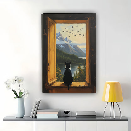 Black Cat on Window Sill Gazing at Mountain Landscape – Cozy Nature Wall Art on Natural Wood Canvas | W734