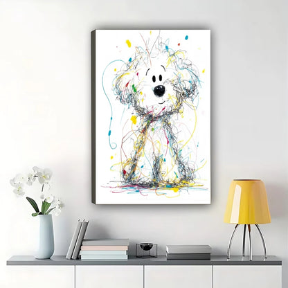 Colorful Scribble Style Curious White Dog – Playful Abstract Wall Art on Natural Wood Canvas | W768