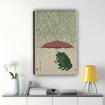 Frog in the Rain with Red Umbrella Wall Art – Japanese Woodblock Print Canvas Print on Natural Wood Frame | W2223