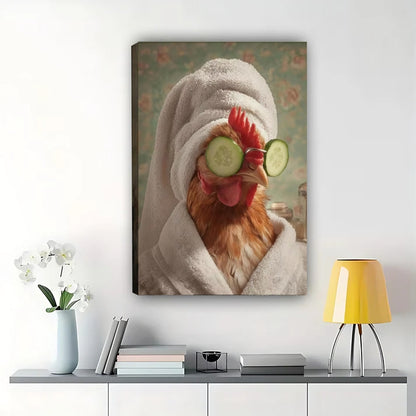 Chicken Spa Day Framed Art – Funny Rooster with Cucumber Eyes Print| W1033