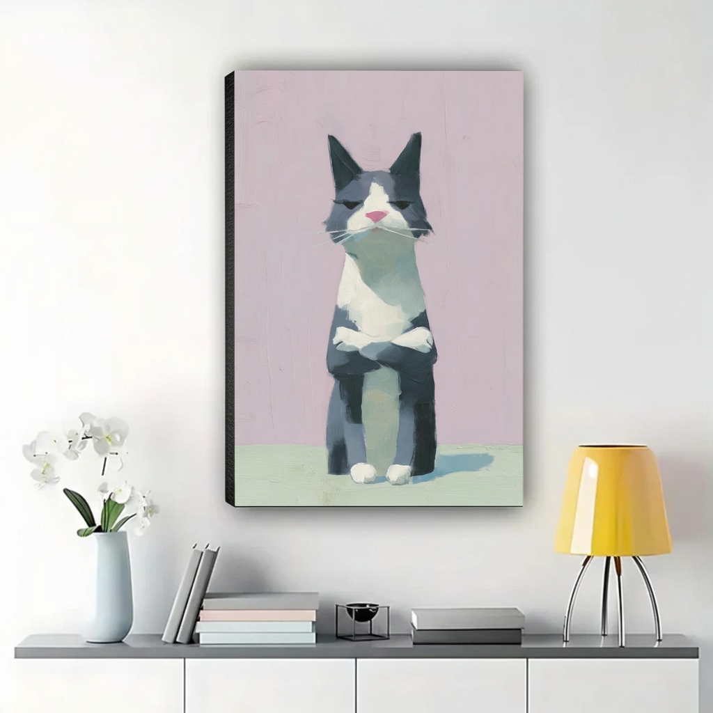 Grumpy Cat with Crossed Arms Wall Art – Minimalist Modern Cat Canvas Print on Natural Wood Frame | W2103