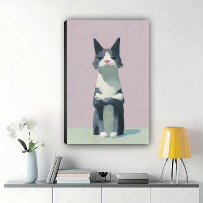 Grumpy Cat with Crossed Arms Wall Art – Minimalist Modern Cat Canvas Print on Natural Wood Frame | W2103