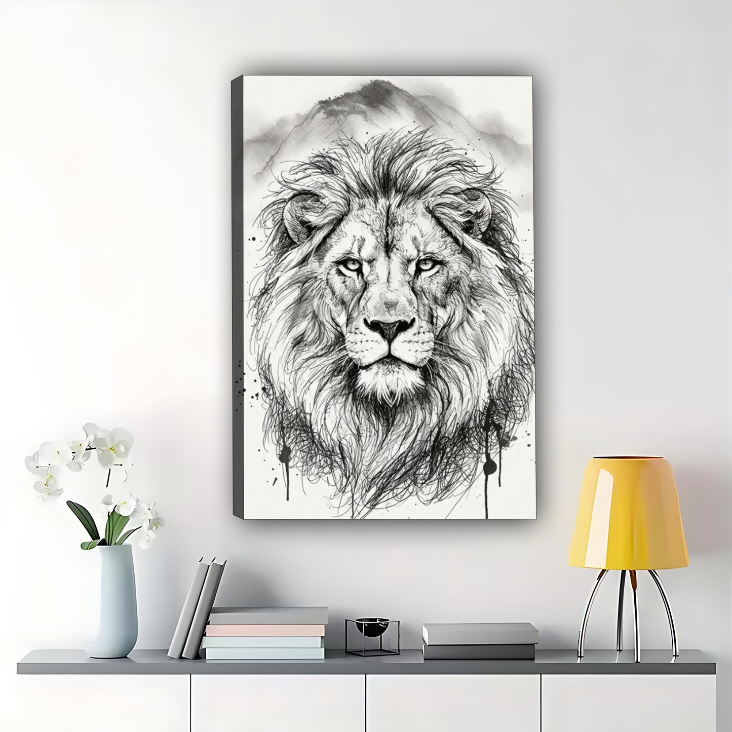The Ink-Wash Style Lion – Regal Minimalist Wall Art on Natural Wood Canvas | W663