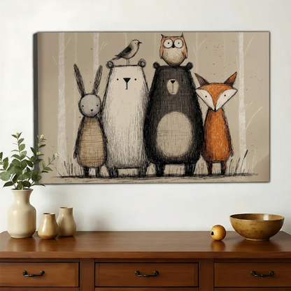 Woodland Animal Friends Wall Art – Whimsical Forest Creatures Canvas Print on Natural Wood Frame | W2402