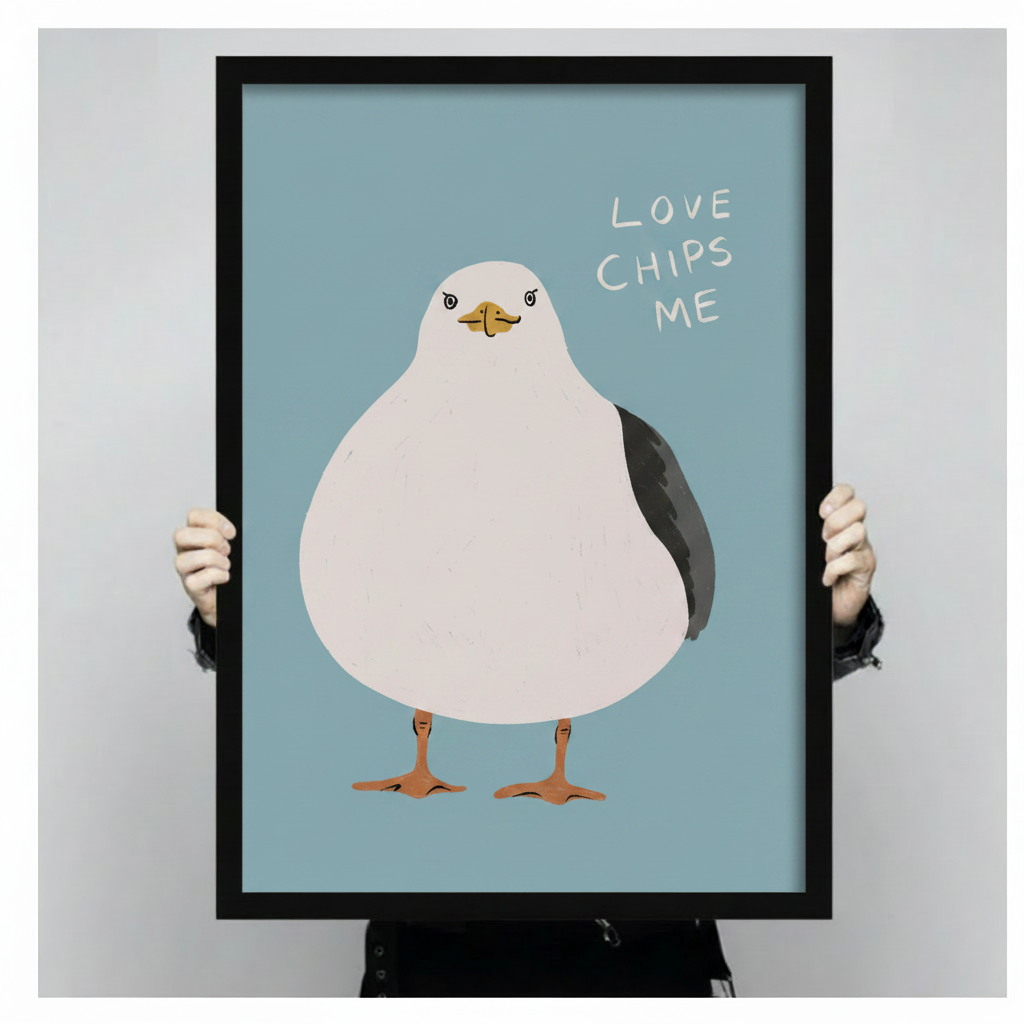 Funny seagull canvas print on teal background — bold hand-drawn coastal humor wall art for kitchen decor