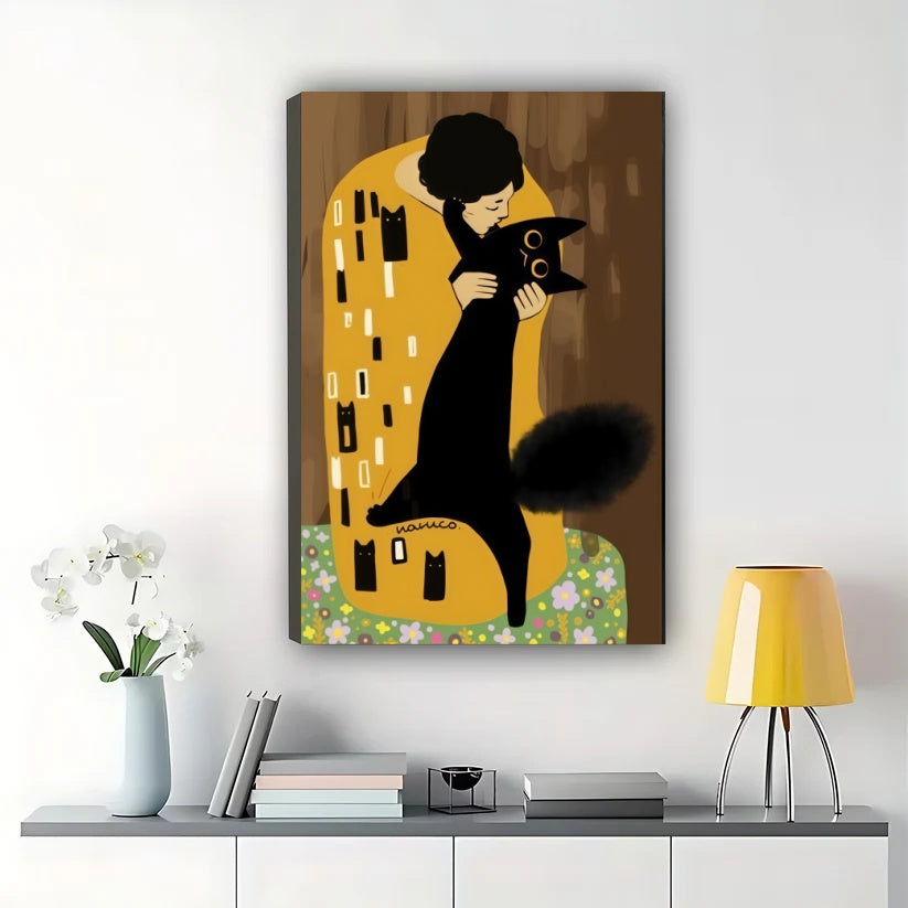 Gustav Klimt Cat – Art Nouveau Black Cat Wall Art on Natural Wood Canvas | W2048