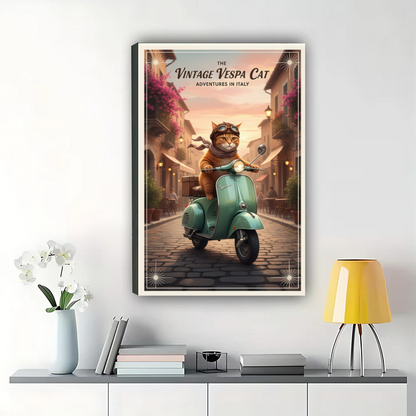 Vintage Vespa Cat Wall Art - Retro Italy Travel Poster| W1017