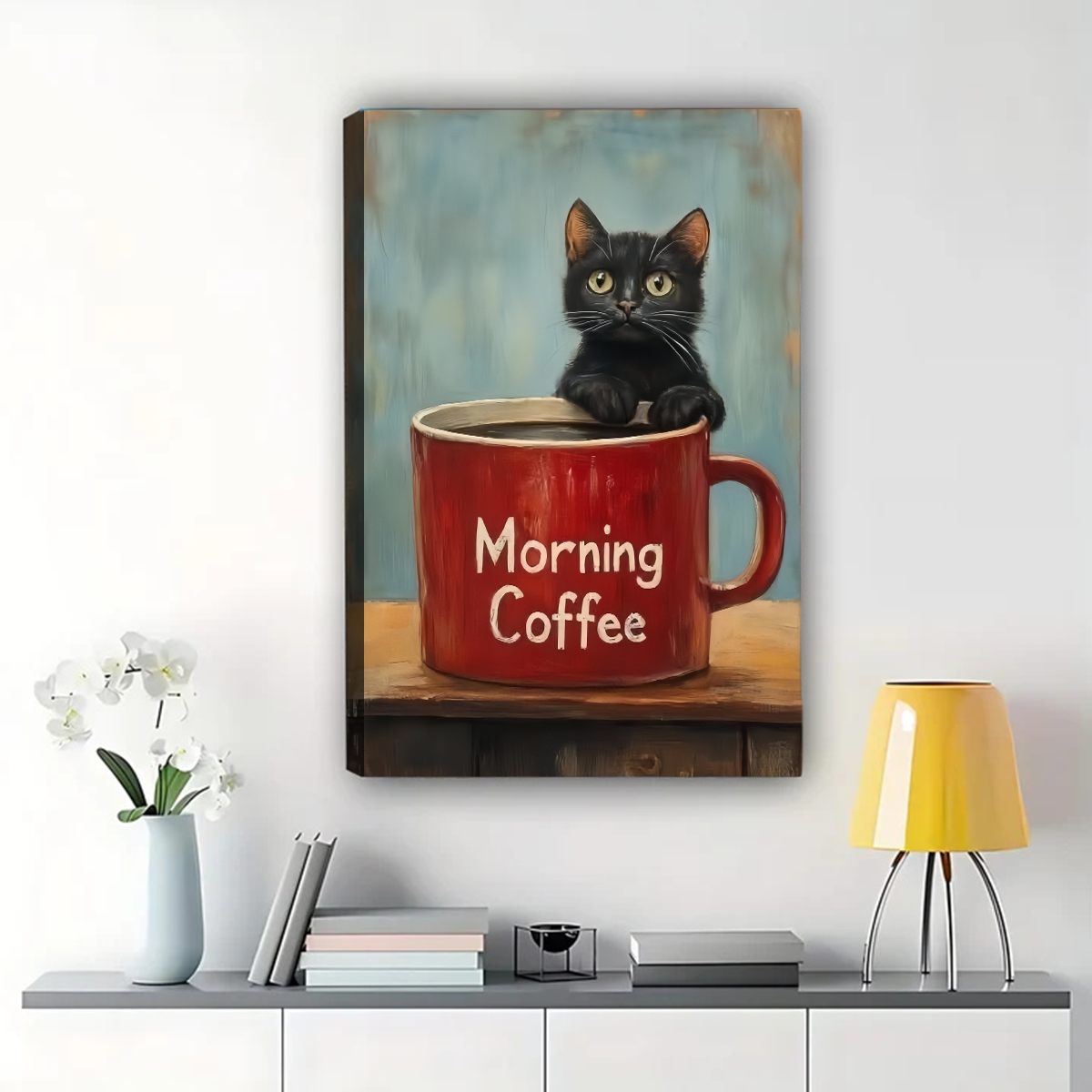 Black Cat in Coffee Mug Wall Art - Morning Coffee Canvas Print|W1332