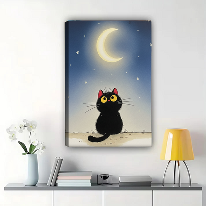 Black Cat Moon Wall Art - Starry Night Cat Silhouette Print|W1192