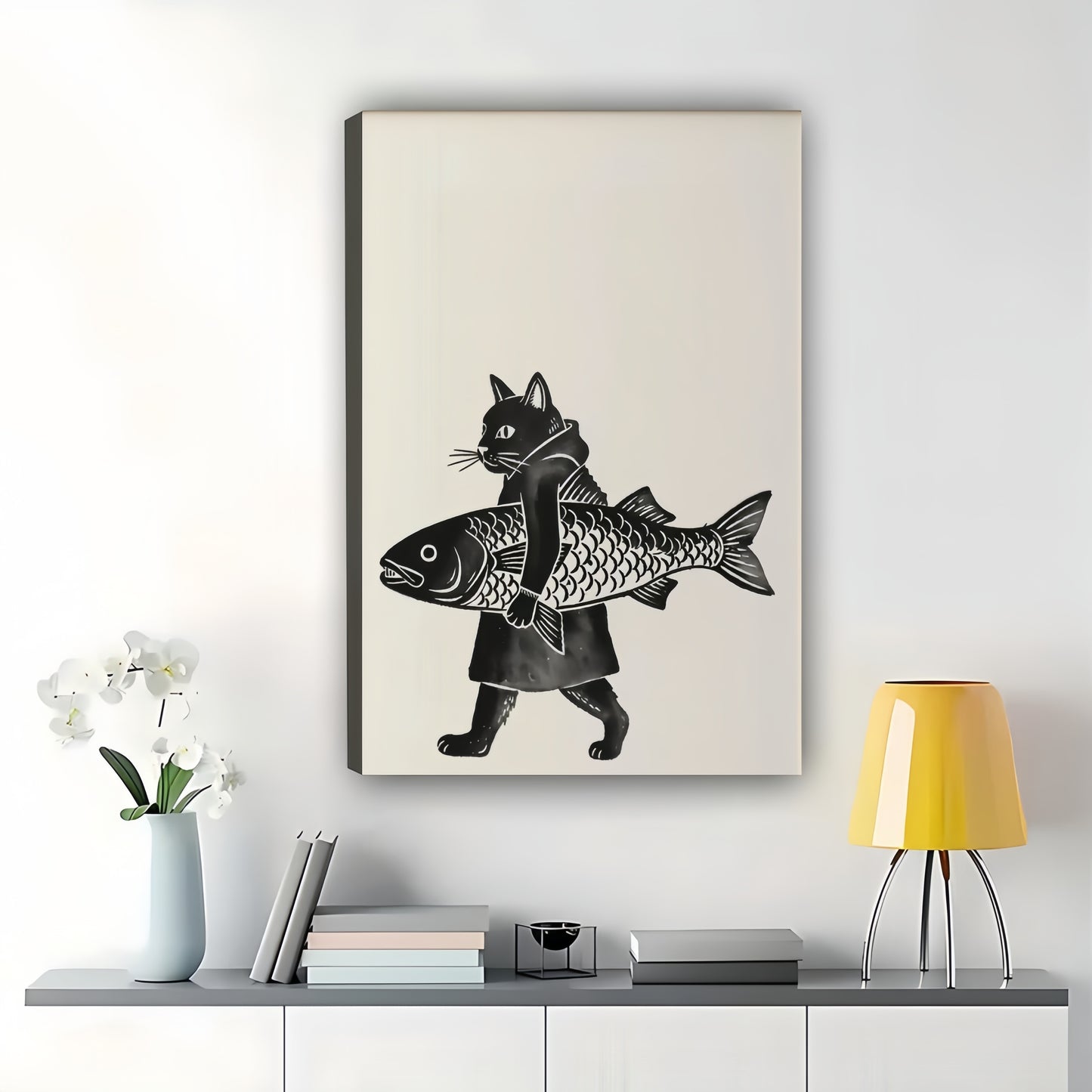 Black Cat Carrying Big Fish – Whimsical Vintage Wall Art on Natural Wood Canvas | W907