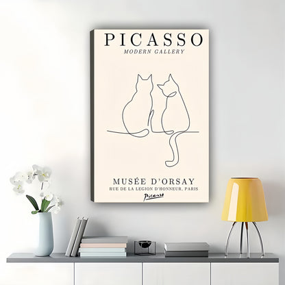 Picasso Two Cats in Love – Minimalist Line Art Wall Art on Natural Wood Canvas | W948